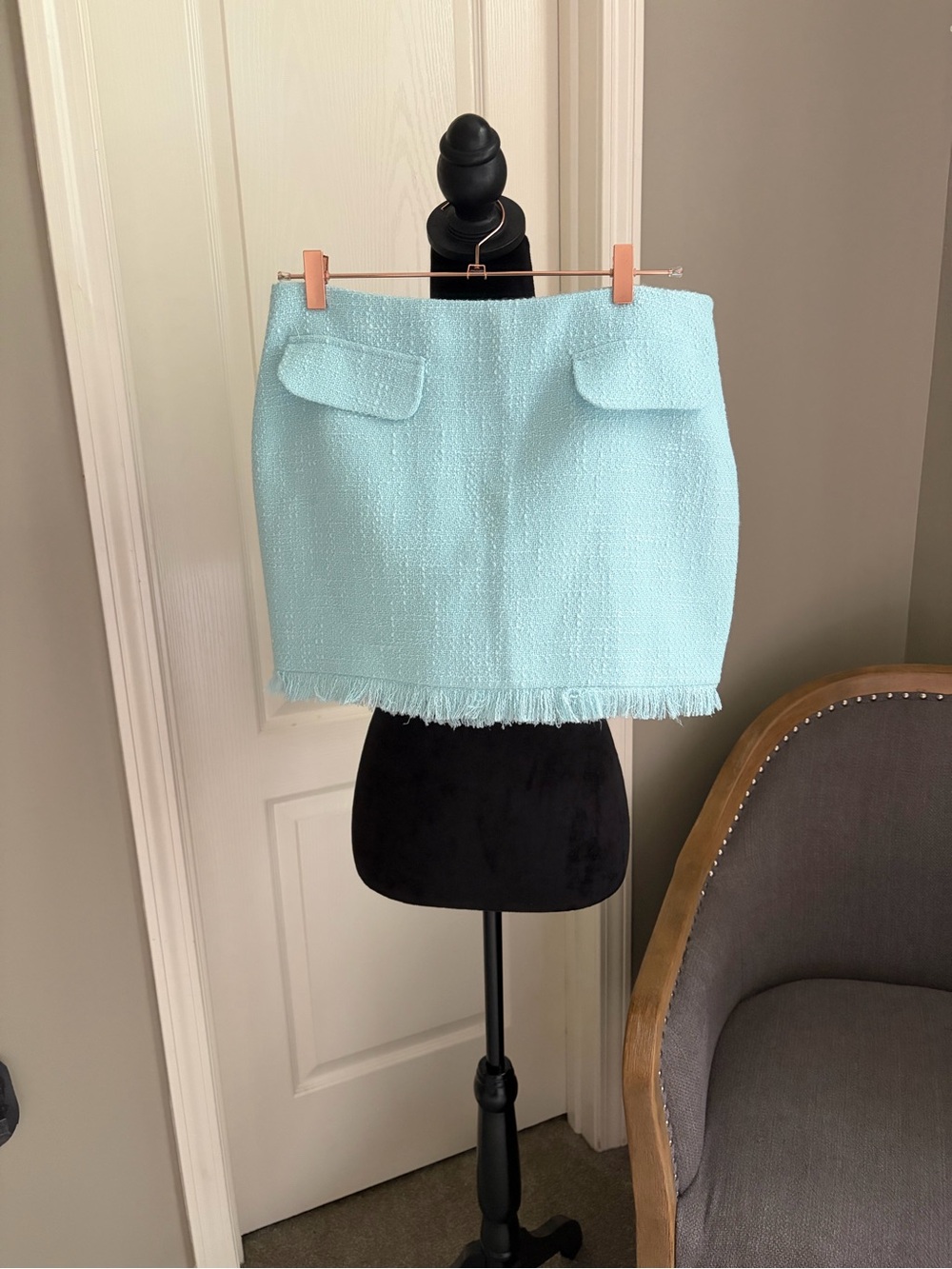 Bardot Light Aqua Textured Mini Skirt with Fringe Hem